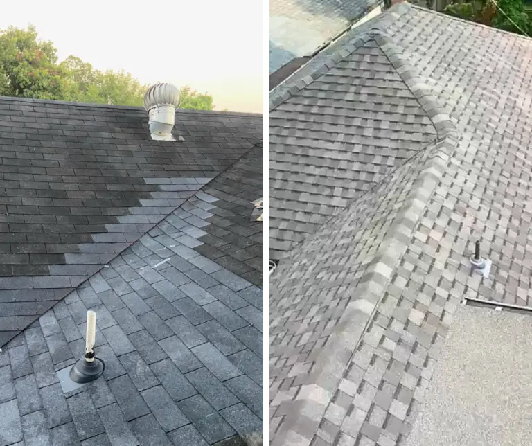 photo of a valley and pipe boot repair, and a photo of a roof replacement