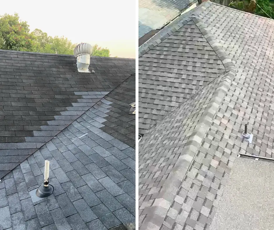 photo of a valley and pipe boot repair, and a photo of a roof replacement